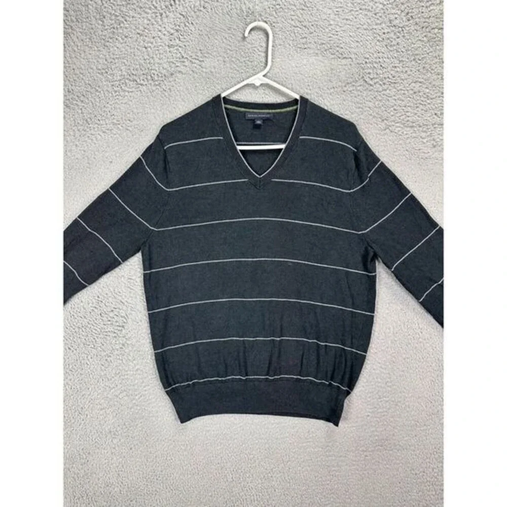 Banana Republic V-Neck Sweater Men Large Black Pencil Stripe Silk Nylon Cashmere